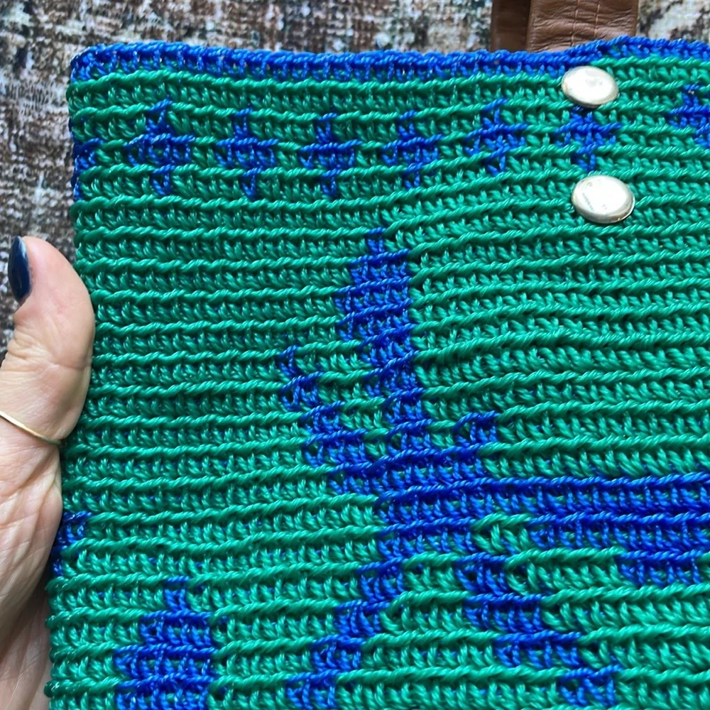 Blue Green Woven Tote Bag | Beach Shoulder Bag Boho Summer Market Purse - Picture 4 of 5